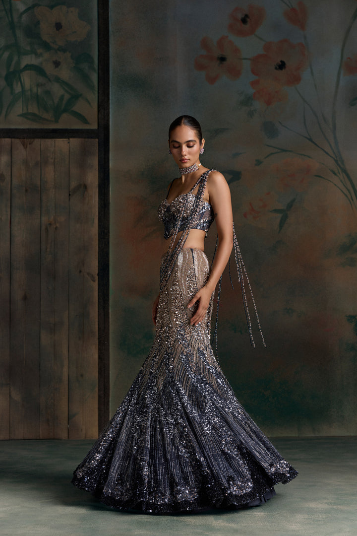 MIDNIGHT BLUE PEACH OMBRE ORIALIS FISHCUT LEHENGA SET