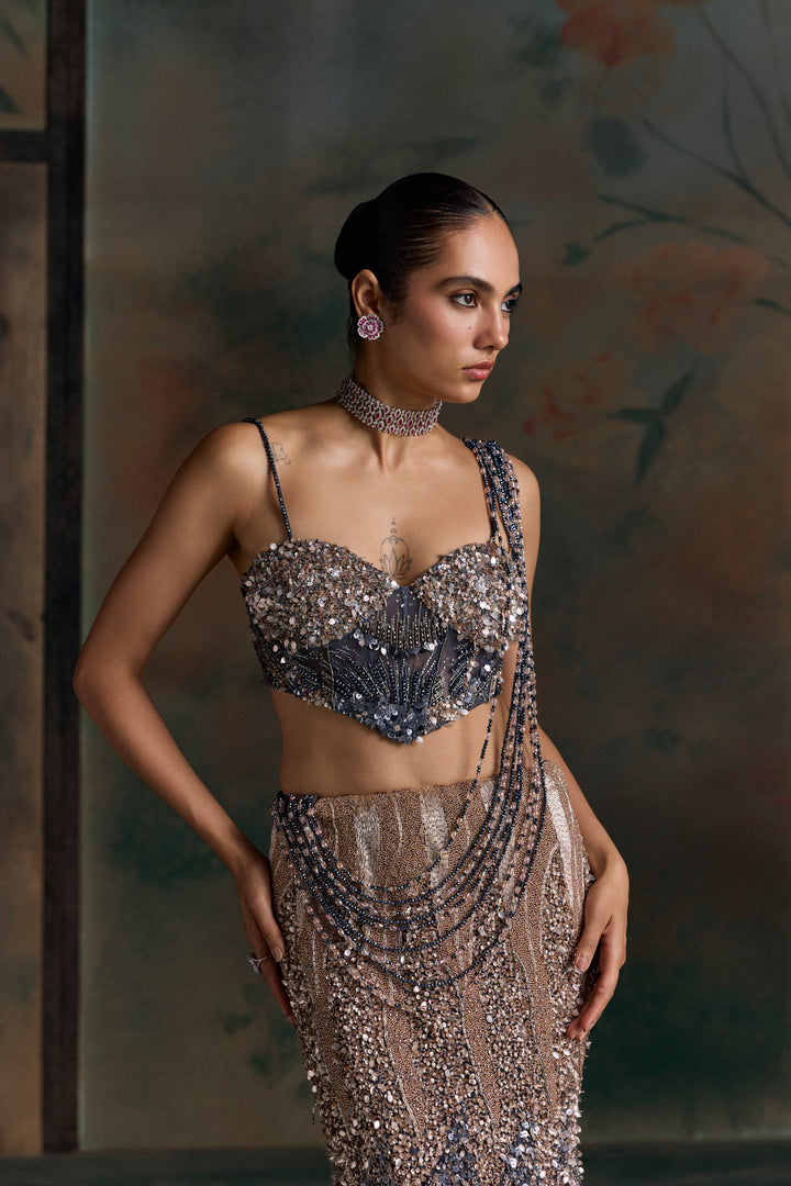 MIDNIGHT BLUE PEACH OMBRE ORIALIS FISHCUT LEHENGA SET
