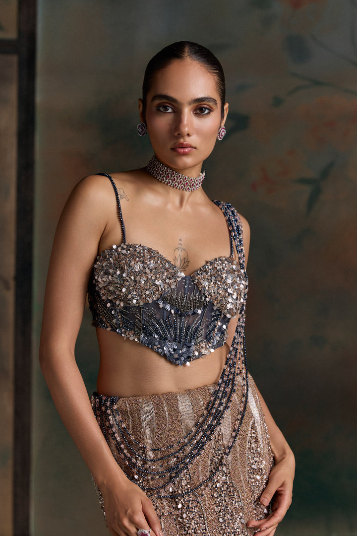 MIDNIGHT BLUE PEACH OMBRE ORIALIS FISHCUT LEHENGA SET