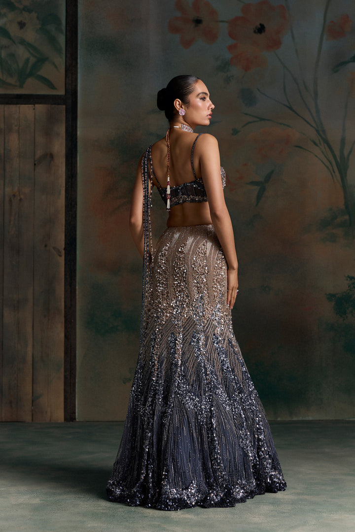 MIDNIGHT BLUE PEACH OMBRE ORIALIS FISHCUT LEHENGA SET