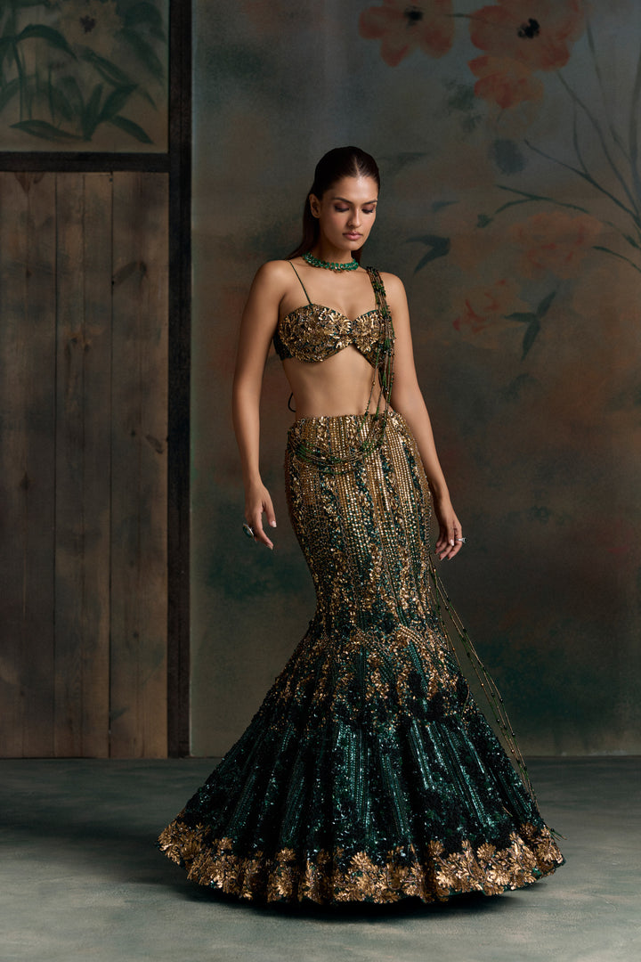 GREEN GOLD VERIAN FISCHUT LEHENGA SET