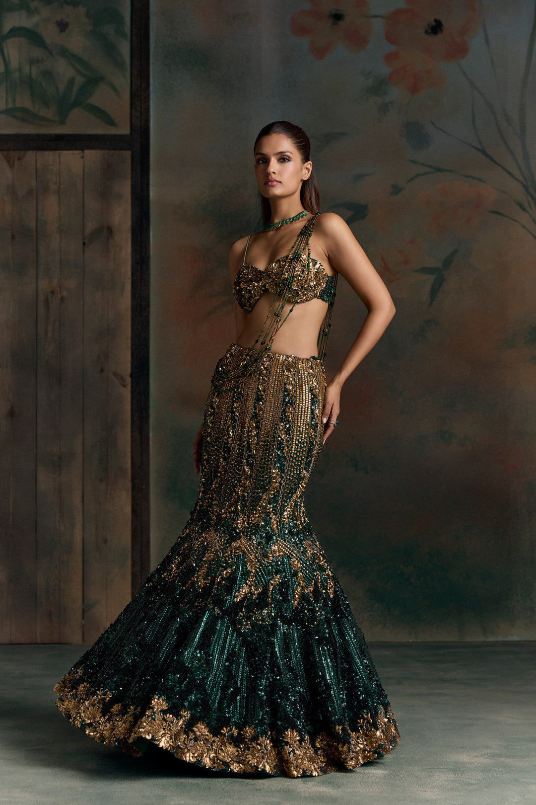 GREEN GOLD VERIAN FISCHUT LEHENGA SET