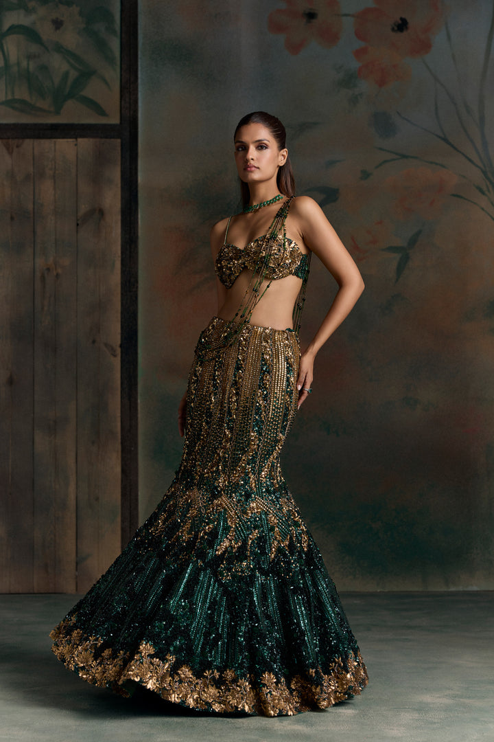 GREEN GOLD VERIAN FISCHUT LEHENGA SET