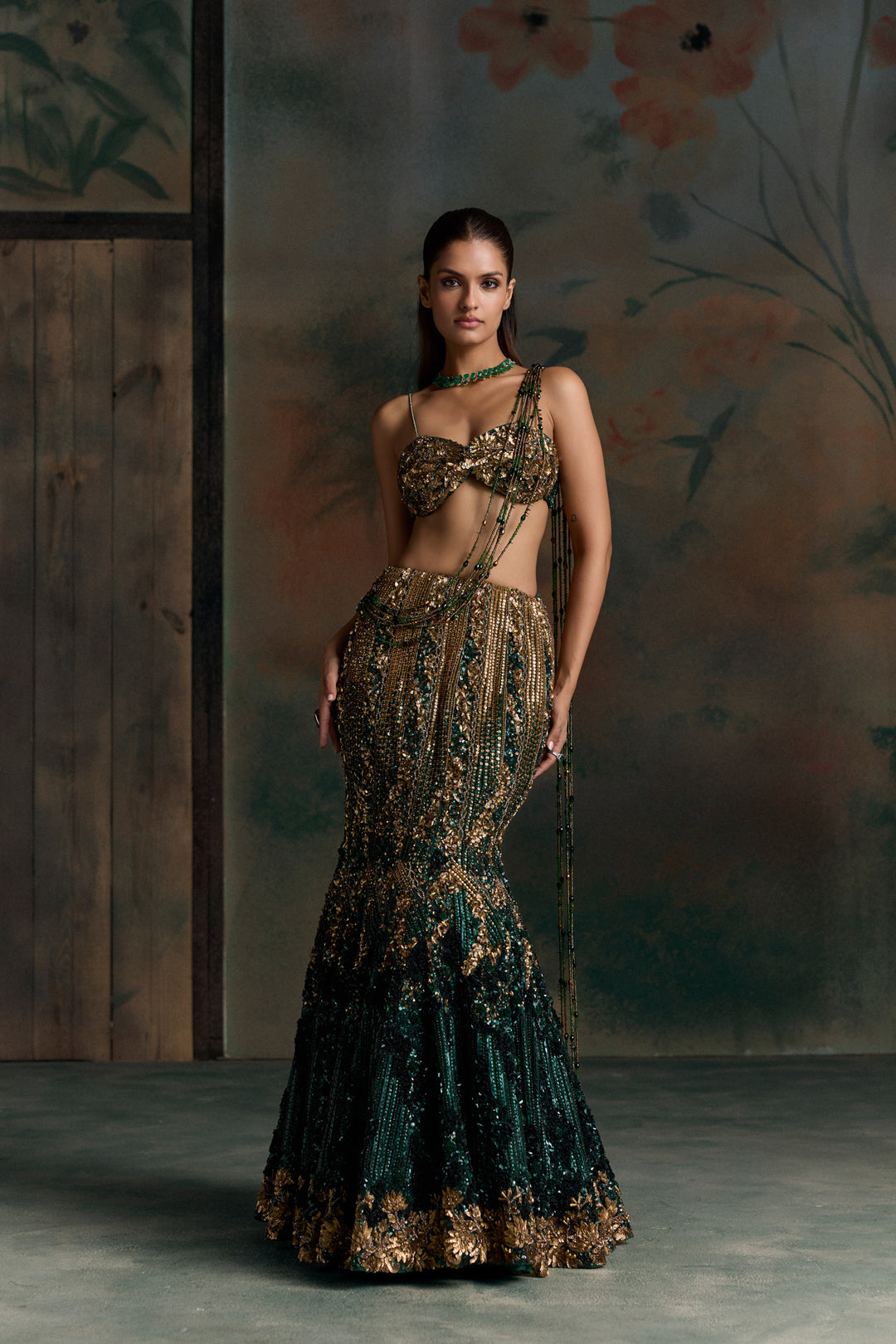 GREEN GOLD VERIAN FISCHUT LEHENGA SET