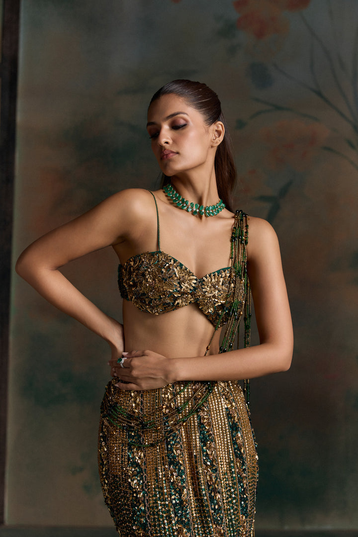 GREEN GOLD VERIAN FISCHUT LEHENGA SET