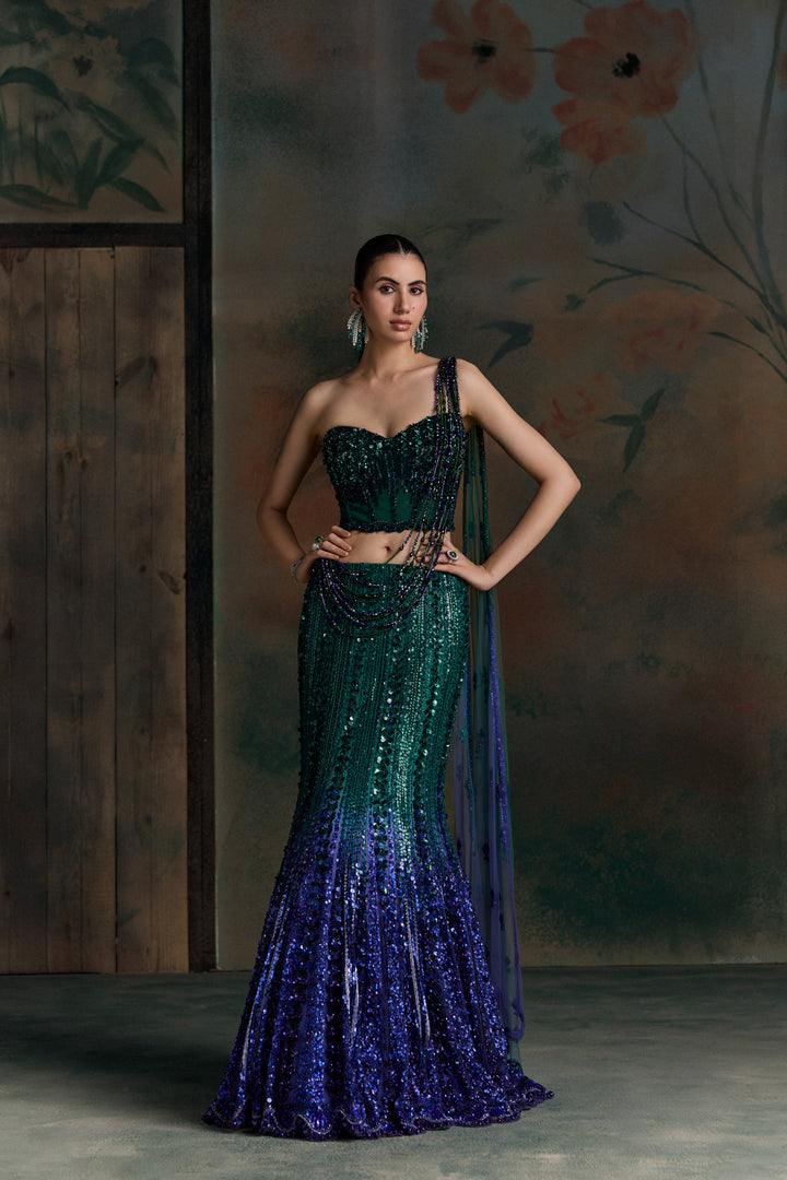 GREEN PURPLE OMBRE ISOLA FISHCUT LEHENGA SET
