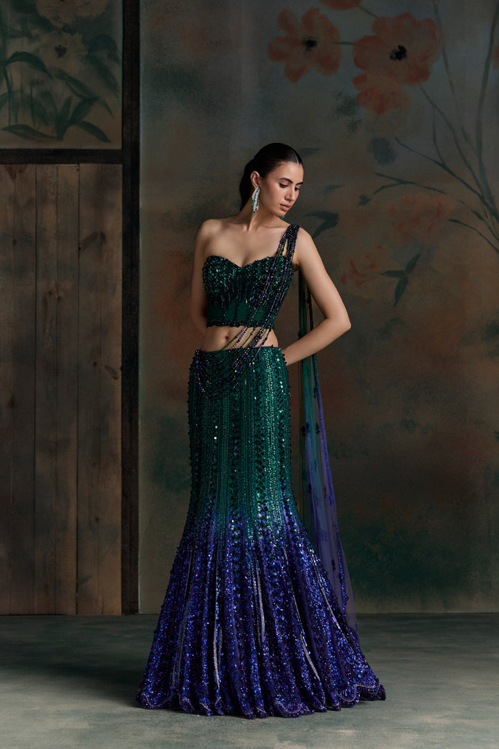 GREEN PURPLE OMBRE ISOLA FISHCUT LEHENGA SET