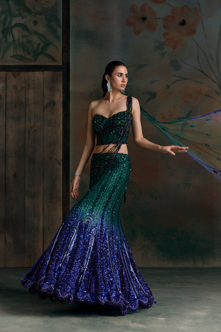 GREEN PURPLE OMBRE ISOLA FISHCUT LEHENGA SET