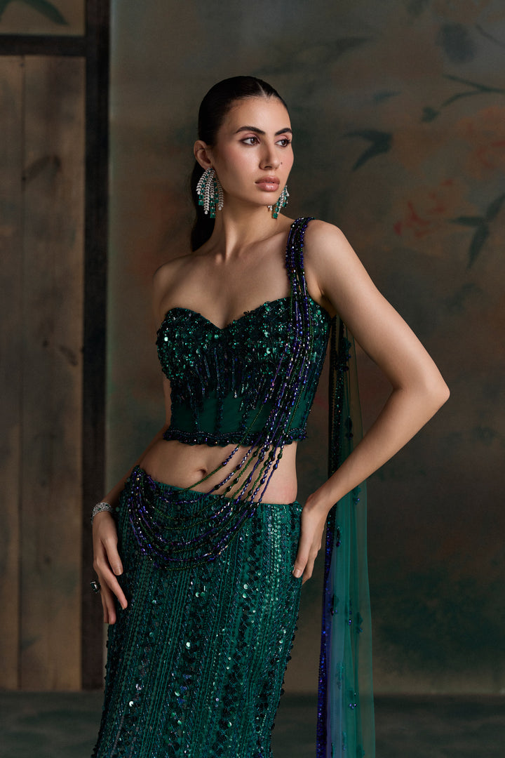 GREEN PURPLE OMBRE ISOLA FISHCUT LEHENGA SET