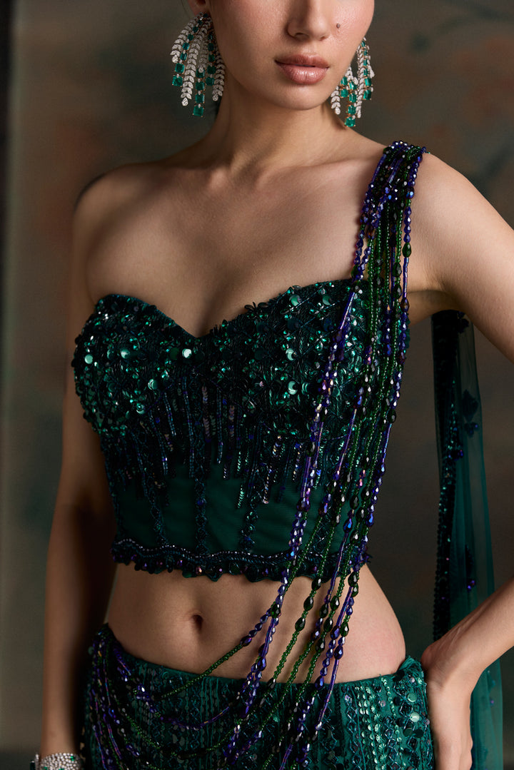 GREEN PURPLE OMBRE ISOLA FISHCUT LEHENGA SET