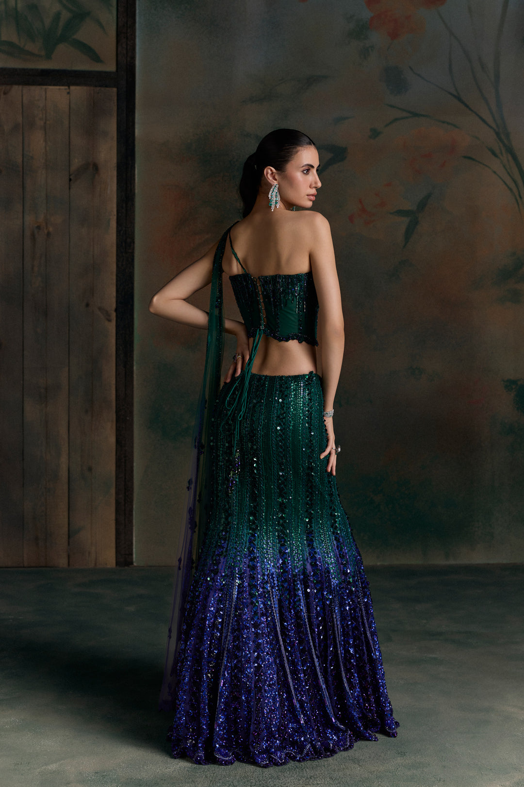 GREEN PURPLE OMBRE ISOLA FISHCUT LEHENGA SET