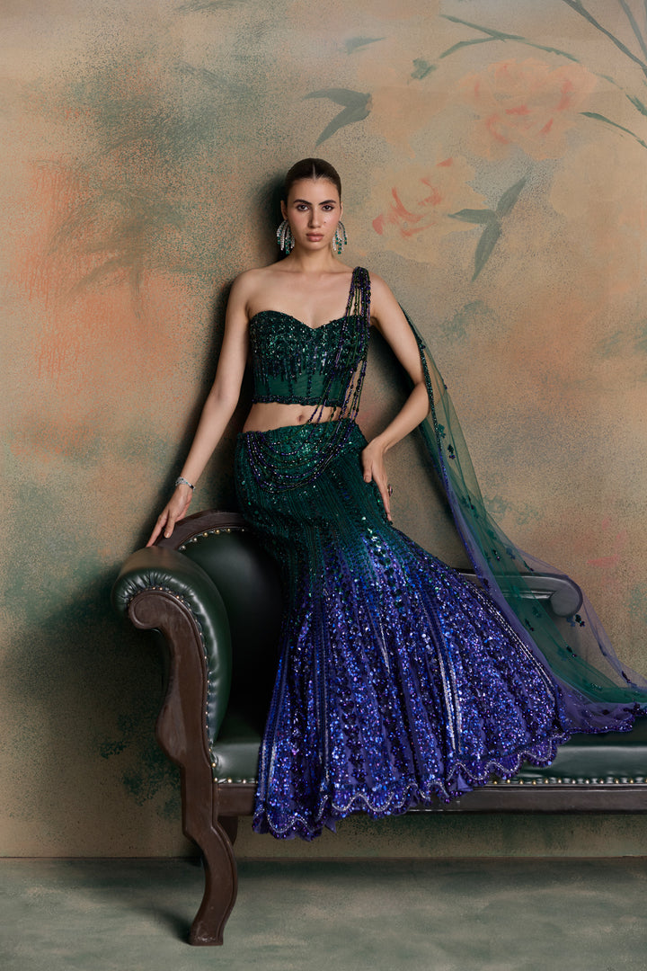 GREEN PURPLE OMBRE ISOLA FISHCUT LEHENGA SET