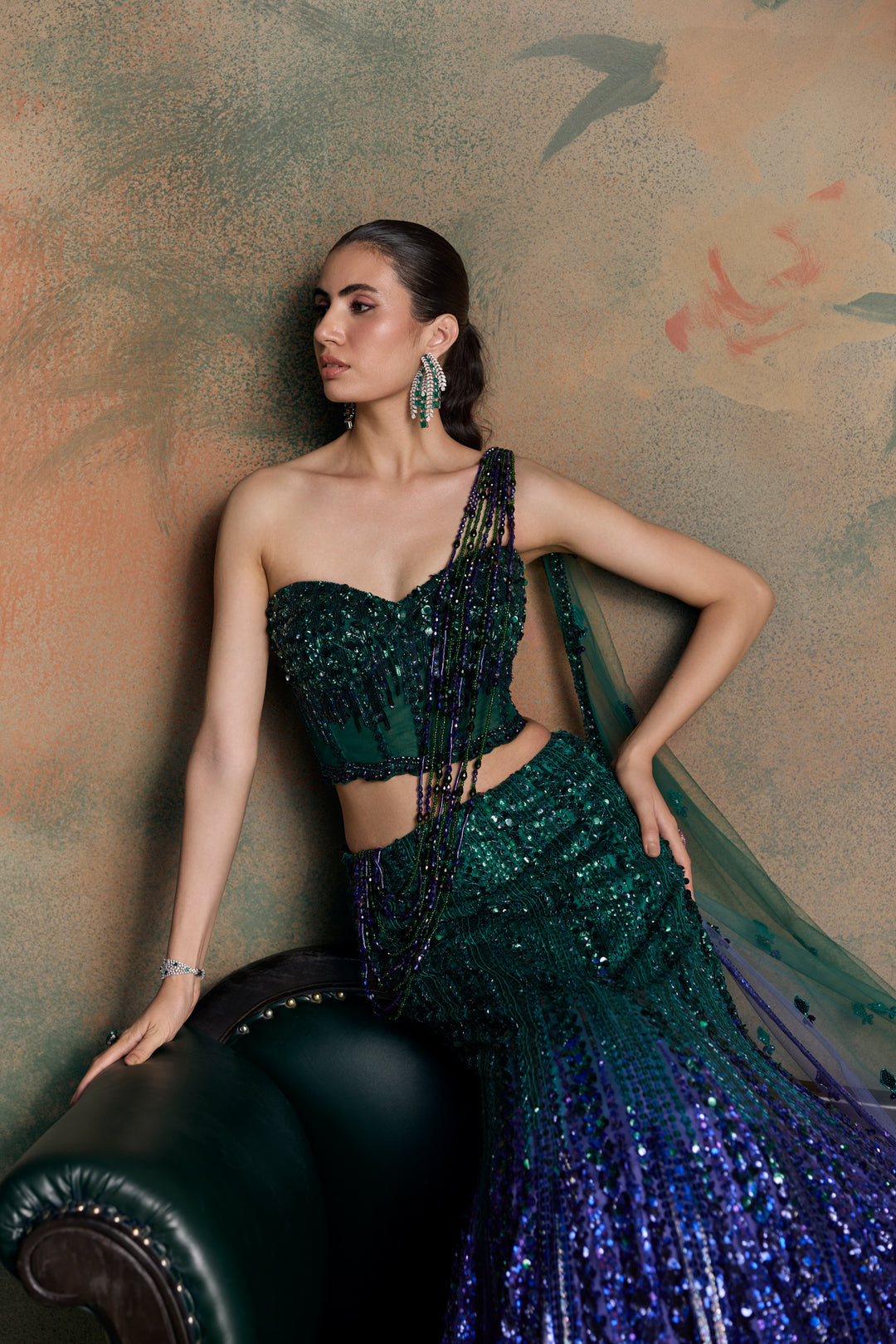 GREEN PURPLE OMBRE ISOLA FISHCUT LEHENGA SET