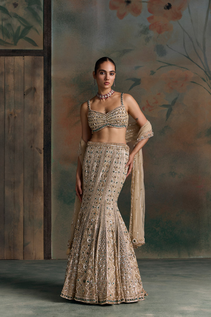 LIGHT GOLD EMERALD ZEVON FISCHUT LEHENGA SET