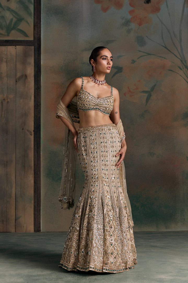 LIGHT GOLD EMERALD ZEVON FISCHUT LEHENGA SET