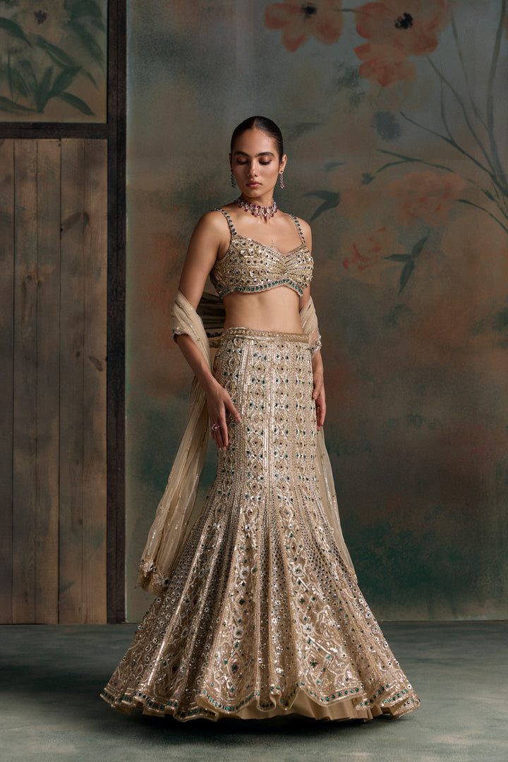 LIGHT GOLD EMERALD ZEVON FISCHUT LEHENGA SET