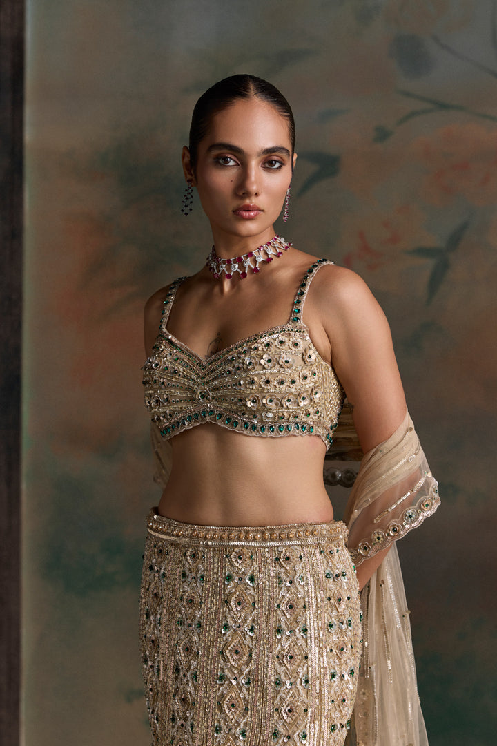 LIGHT GOLD EMERALD ZEVON FISCHUT LEHENGA SET