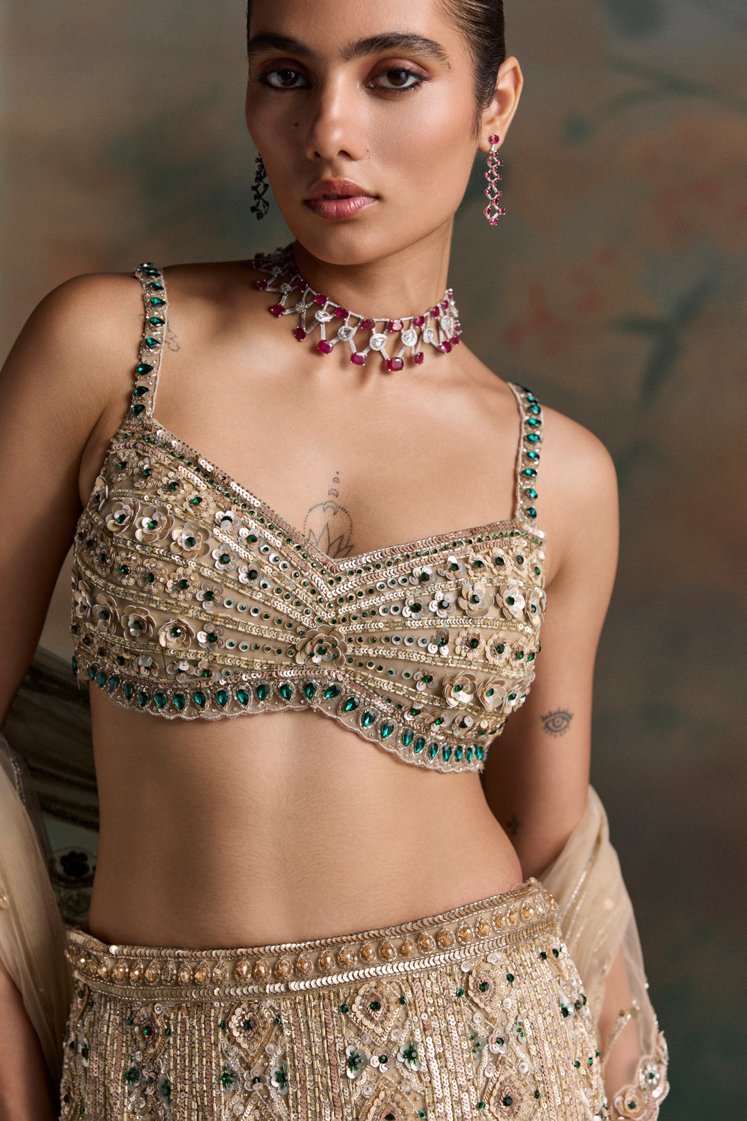 LIGHT GOLD EMERALD ZEVON FISCHUT LEHENGA SET