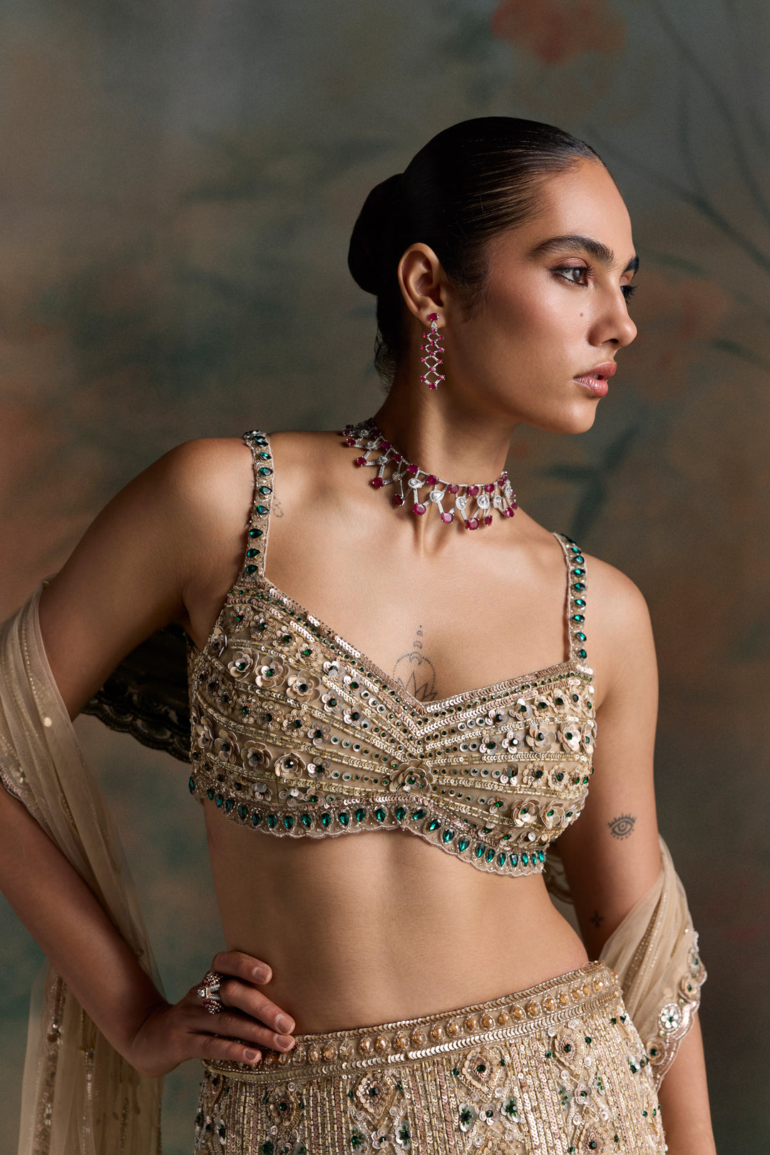 LIGHT GOLD EMERALD ZEVON FISCHUT LEHENGA SET