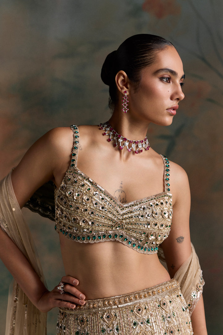 LIGHT GOLD EMERALD ZEVON FISCHUT LEHENGA SET