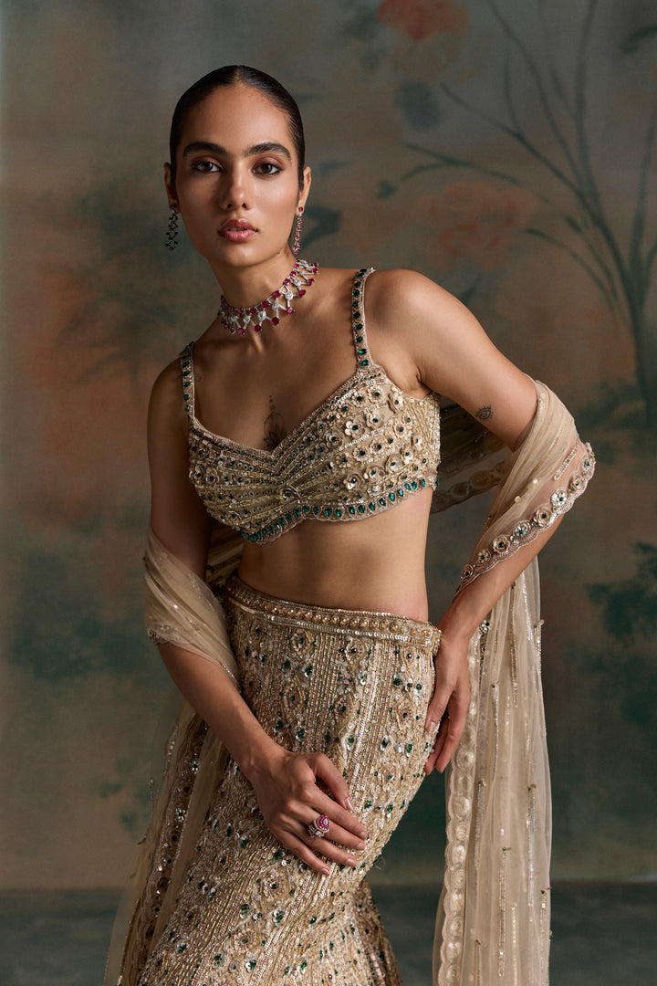 LIGHT GOLD EMERALD ZEVON FISCHUT LEHENGA SET