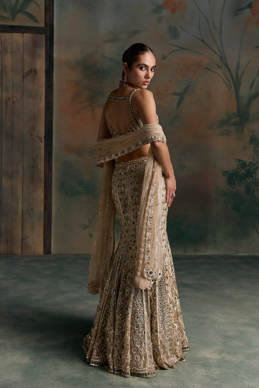 LIGHT GOLD EMERALD ZEVON FISCHUT LEHENGA SET