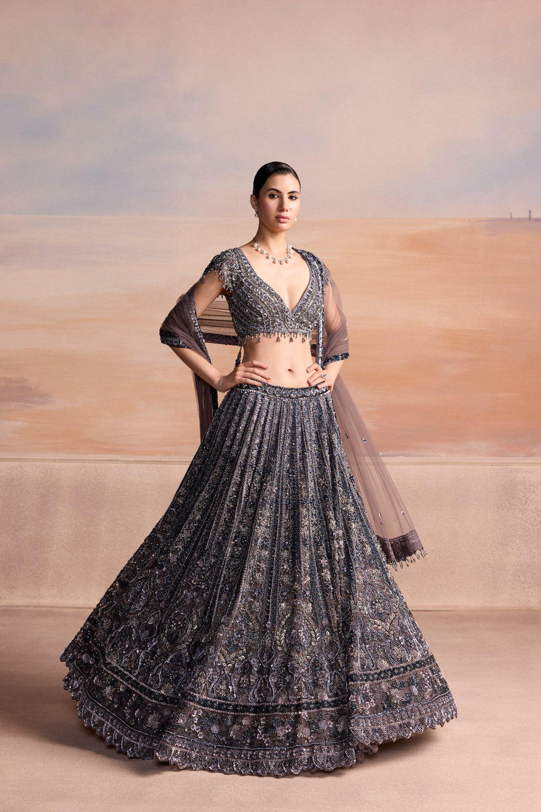 MIDNIGHT GREY BLUE SYLVEN LEHENGA SET