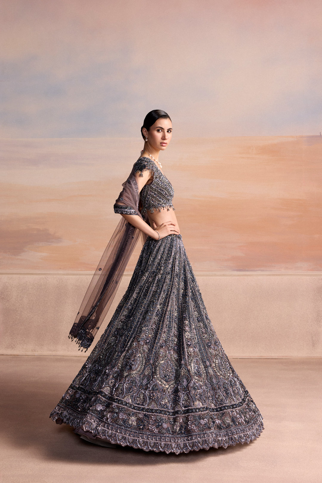 MIDNIGHT GREY BLUE SYLVEN LEHENGA SET