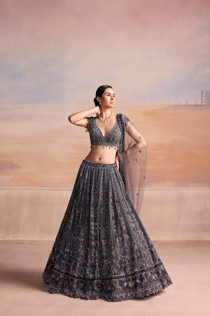 MIDNIGHT GREY BLUE SYLVEN LEHENGA SET
