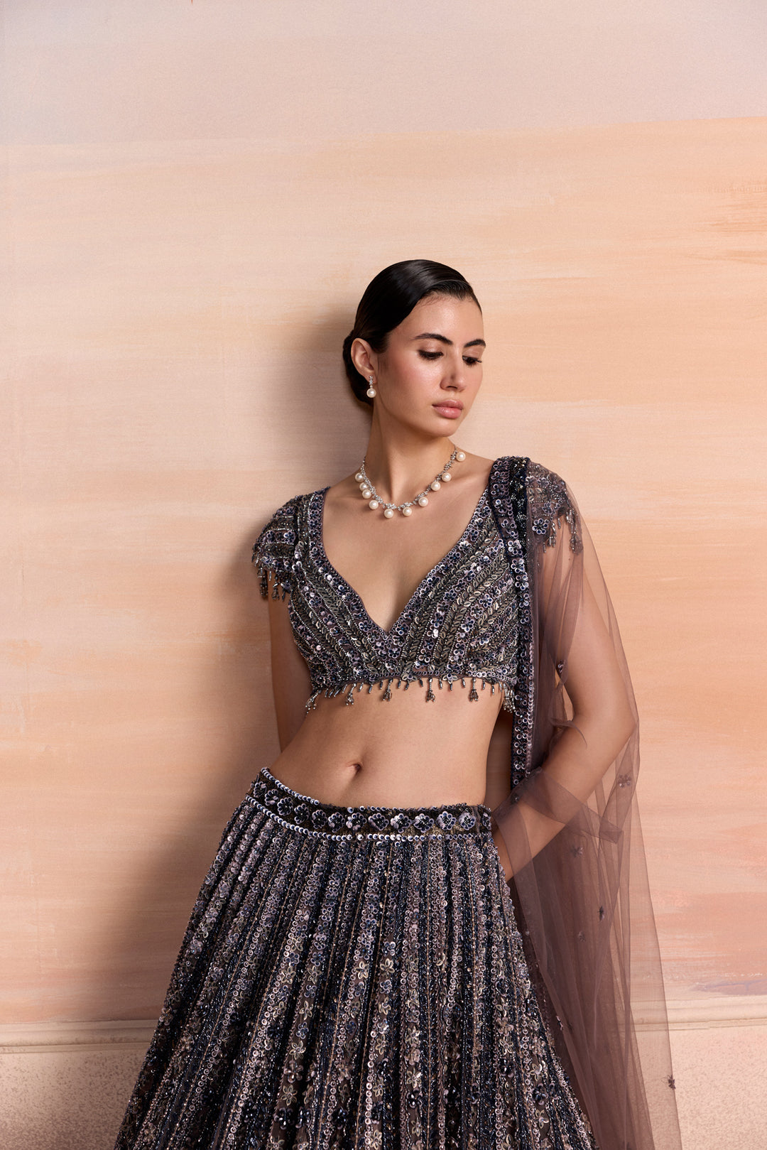MIDNIGHT GREY BLUE SYLVEN LEHENGA SET