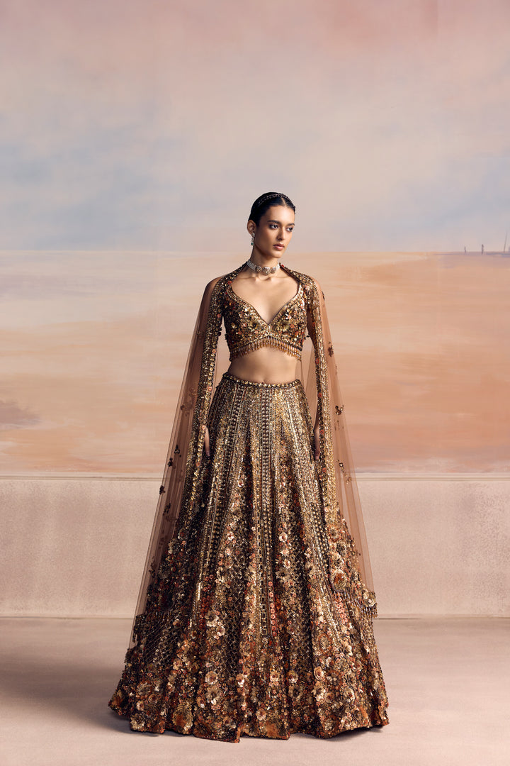 BURNT ORANGE GOLD AUREON LEHENGA SET
