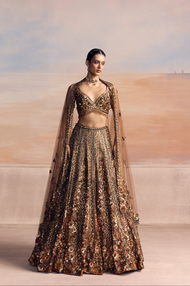 BURNT ORANGE GOLD AUREON LEHENGA SET