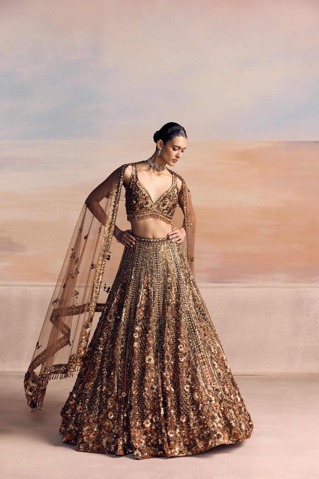BURNT ORANGE GOLD AUREON LEHENGA SET