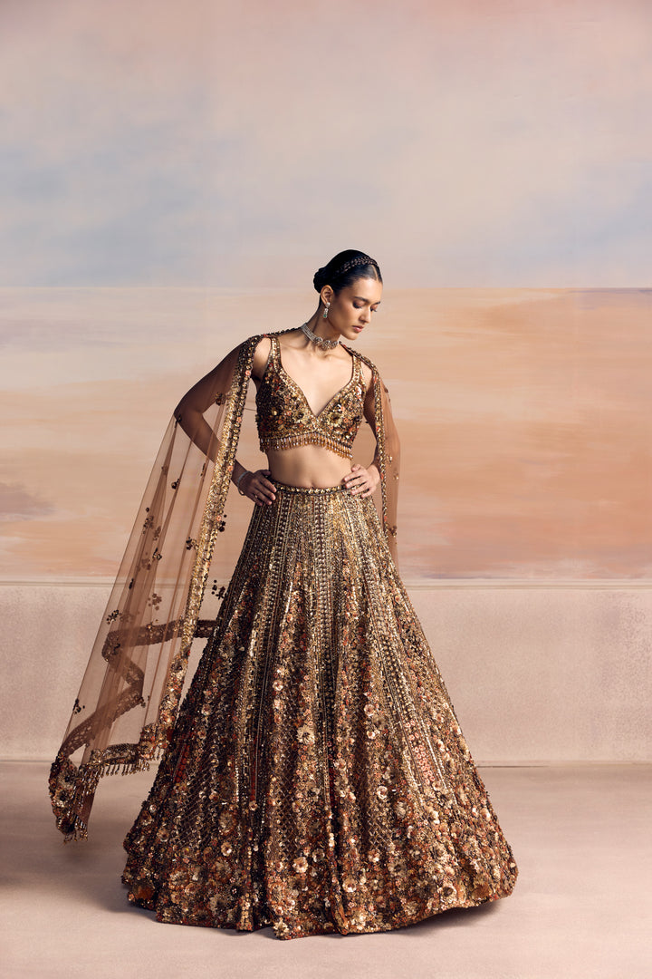 BURNT ORANGE GOLD AUREON LEHENGA SET