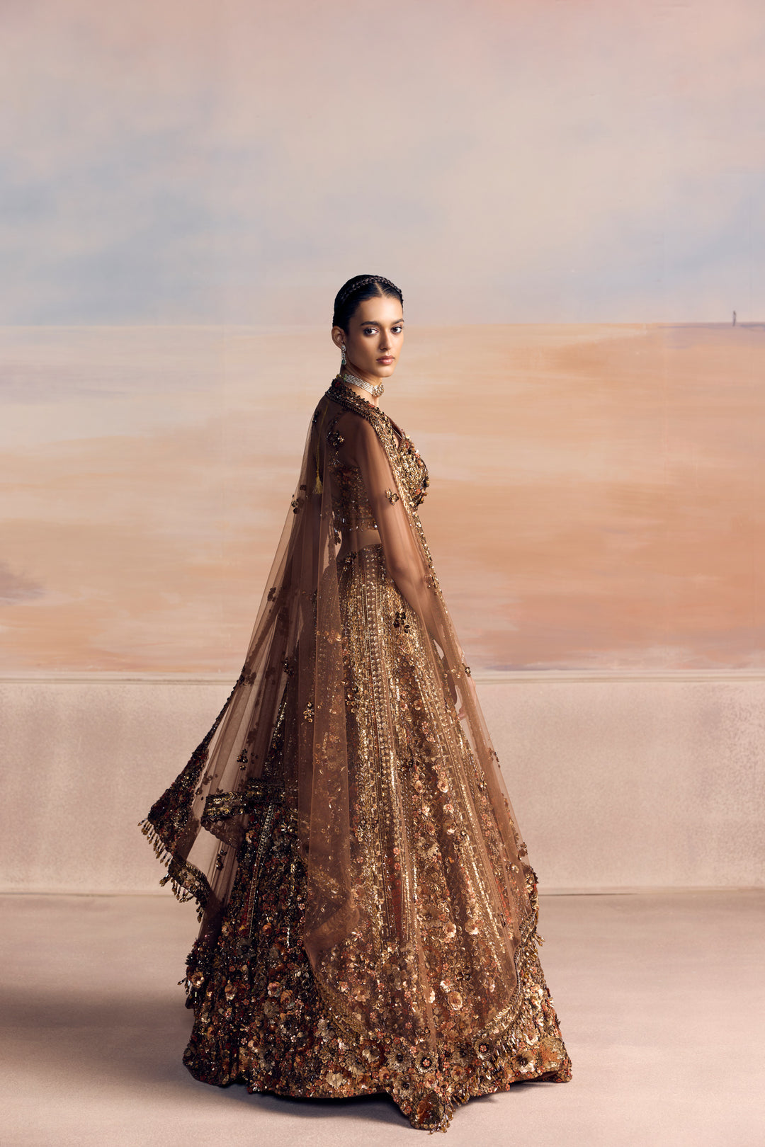 BURNT ORANGE GOLD AUREON LEHENGA SET