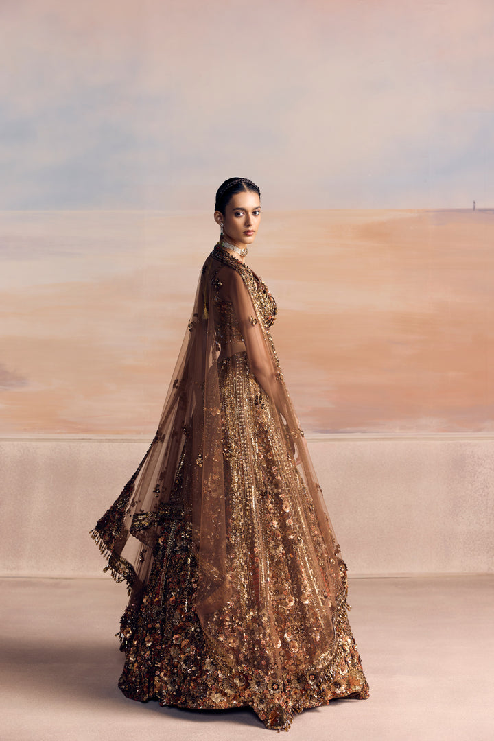 BURNT ORANGE GOLD AUREON LEHENGA SET