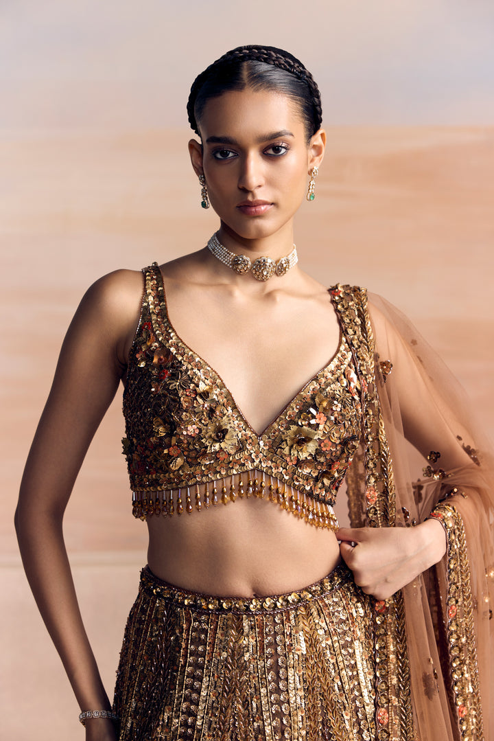 BURNT ORANGE GOLD AUREON LEHENGA SET