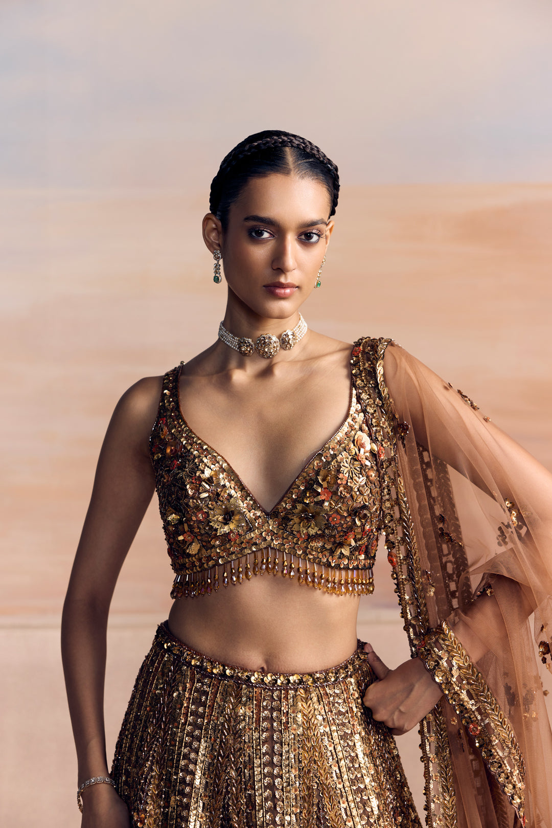 BURNT ORANGE GOLD AUREON LEHENGA SET