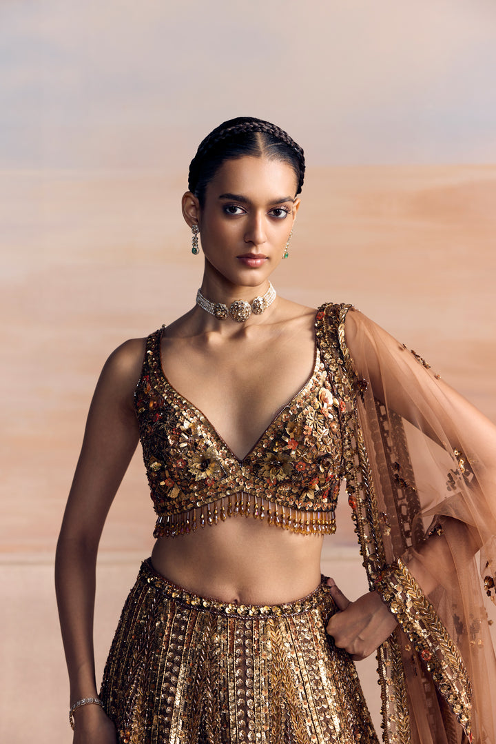 BURNT ORANGE GOLD AUREON LEHENGA SET