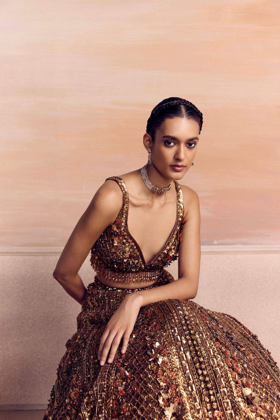 BURNT ORANGE GOLD AUREON LEHENGA SET