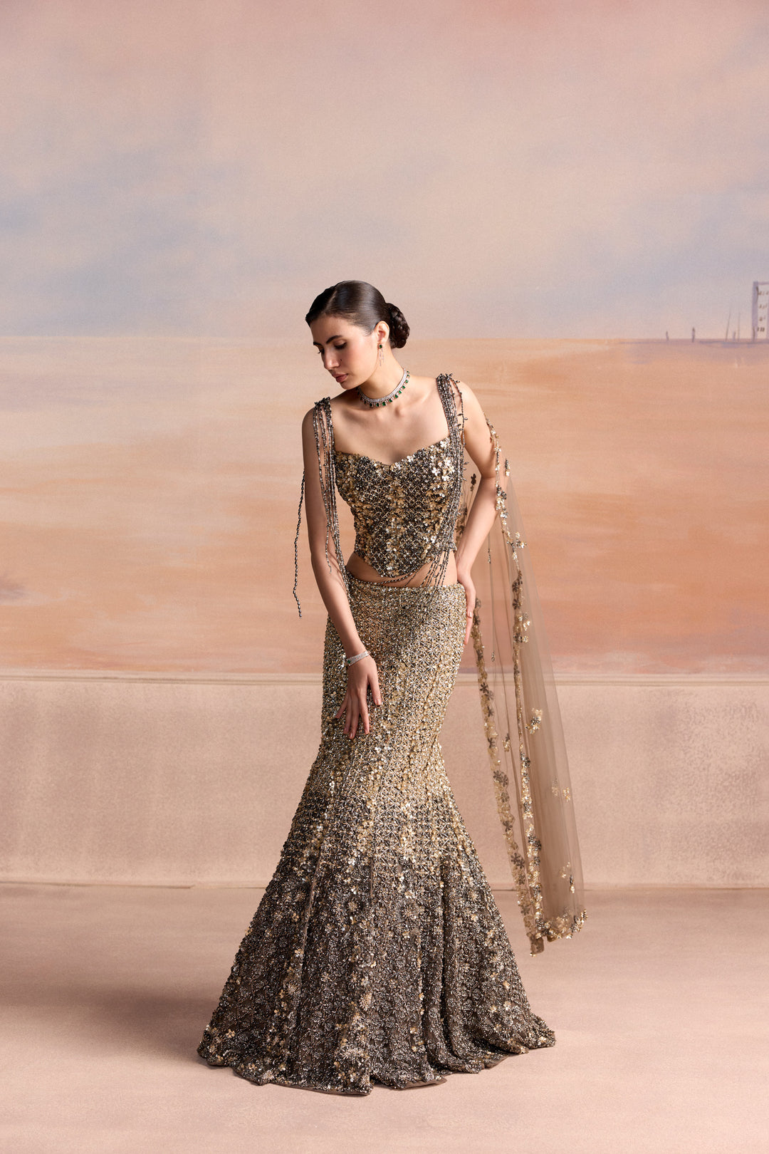GREY GOLD FISHCUT AVIOR LEHENGA SET