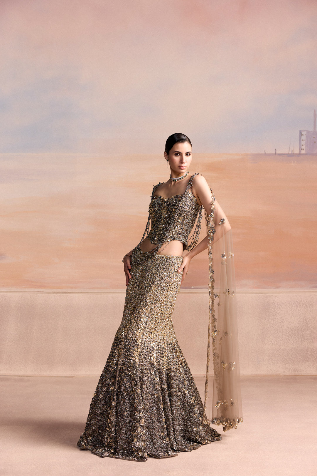 GREY GOLD FISHCUT AVIOR LEHENGA SET