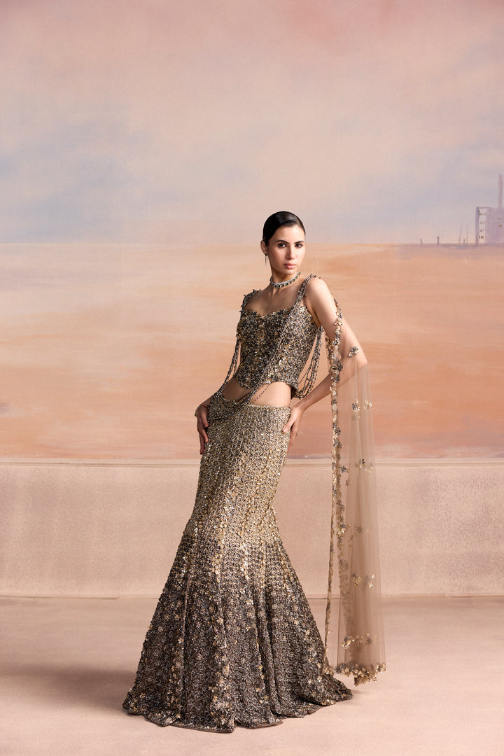 GREY GOLD FISHCUT AVIOR LEHENGA SET