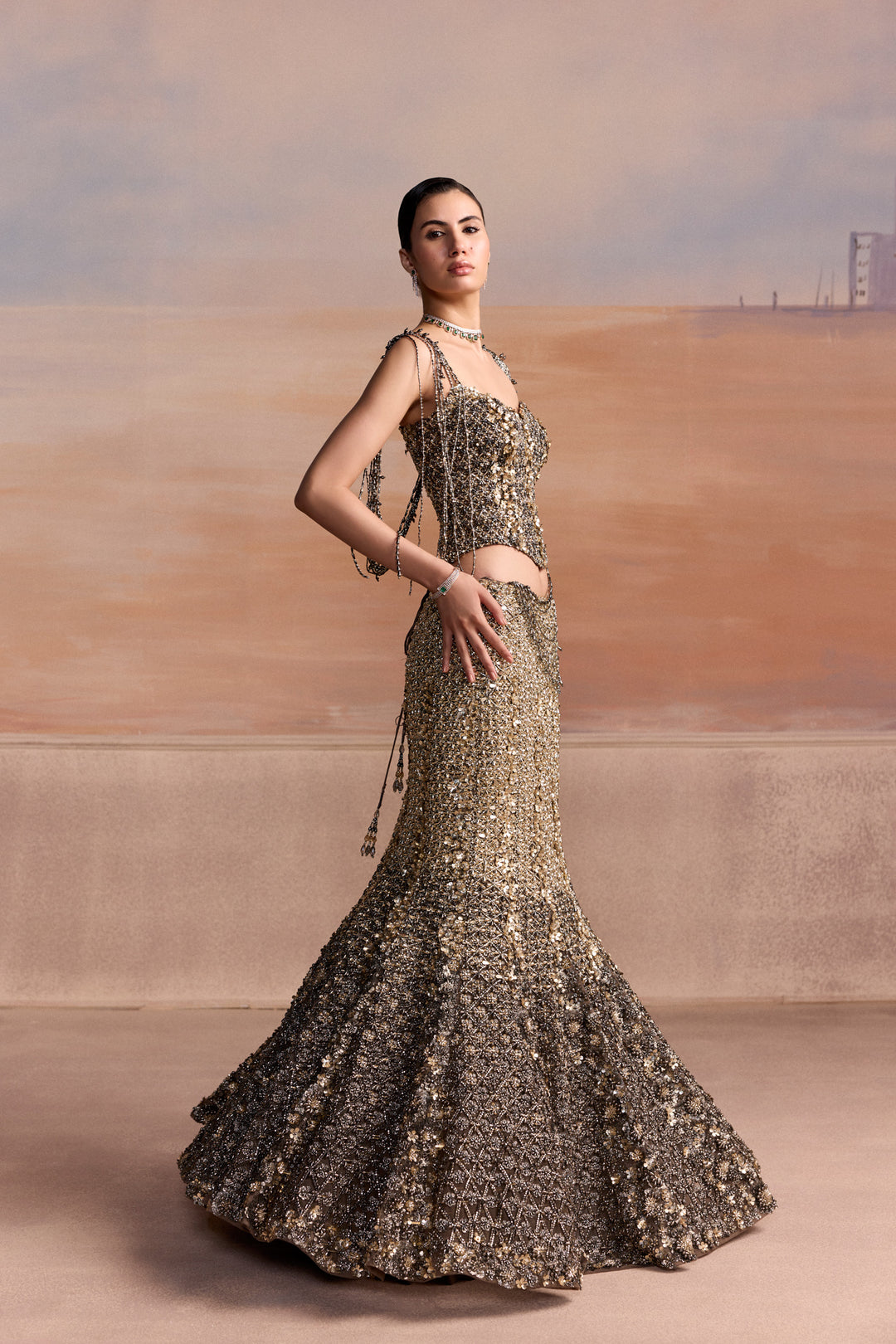 GREY GOLD FISHCUT AVIOR LEHENGA SET