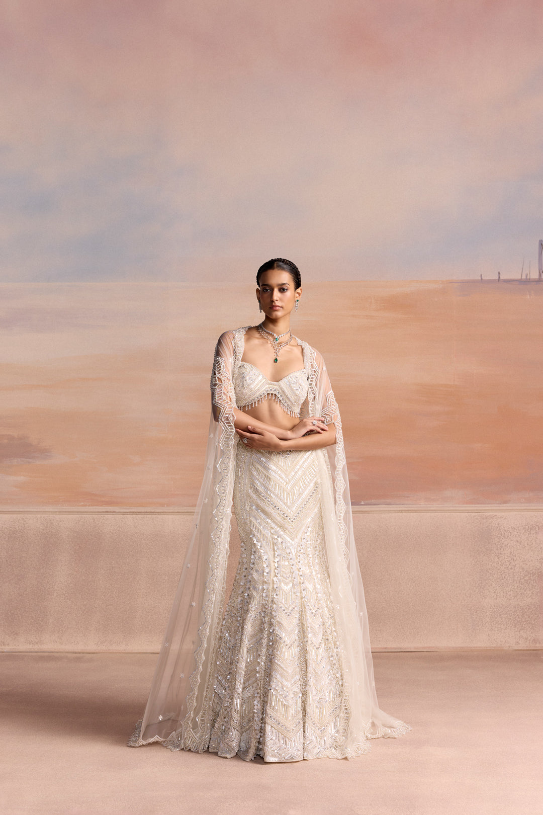 IVORY FISHCUT CALIGO LEHENGA SET