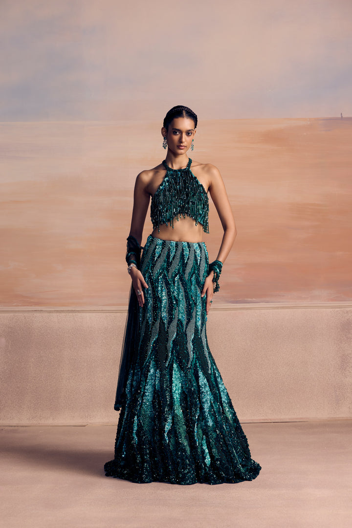 GREEN FISHCUT CENDRA LEHENGA SET