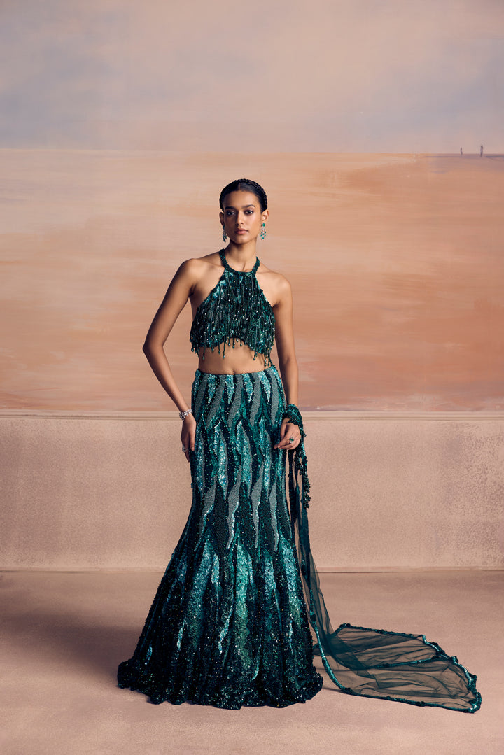 GREEN FISHCUT CENDRA LEHENGA SET