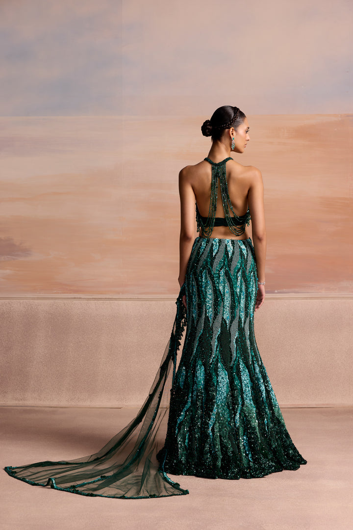 GREEN FISHCUT CENDRA LEHENGA SET