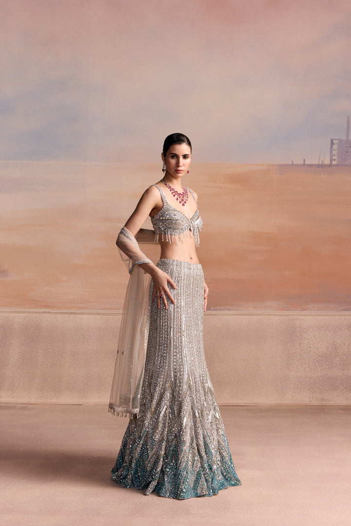 SILVER AQUA OMBRE FISHCUT LUMEN LEHENGA SET