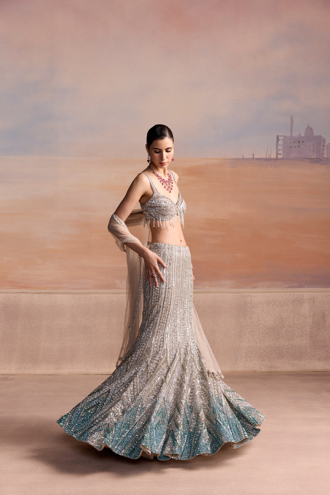 SILVER AQUA OMBRE FISHCUT LUMEN LEHENGA SET